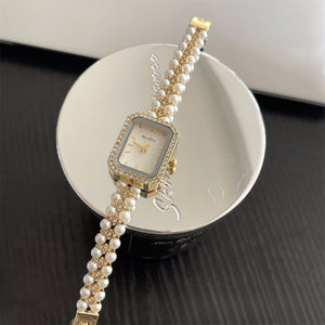 Square Double Row Pearl Bracelet Watch PDW036