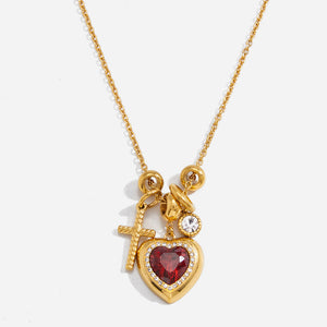 Stainless Steel Necklace with Cross and Red Heart