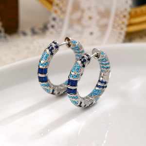 Retro Blue Large Hoop Earrings with Zircon