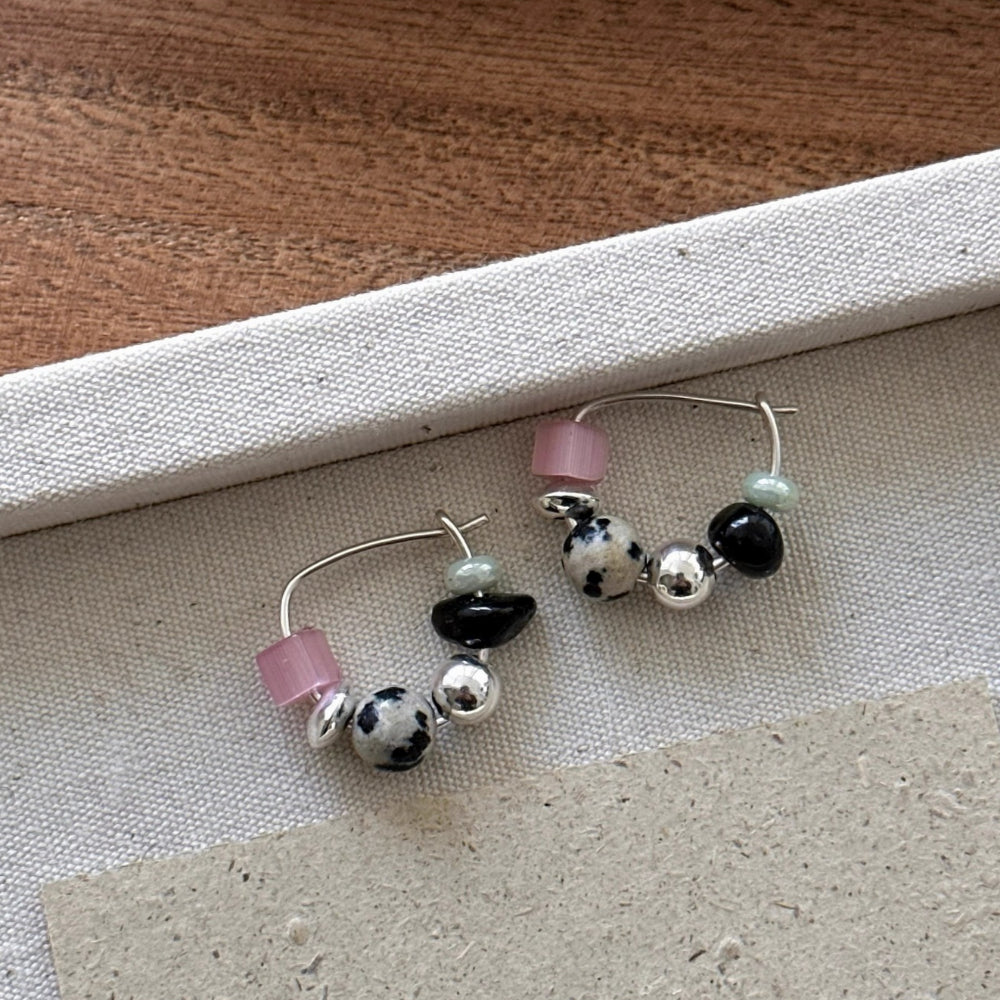 Vintage Natural Stone Silver Hoop Earrings