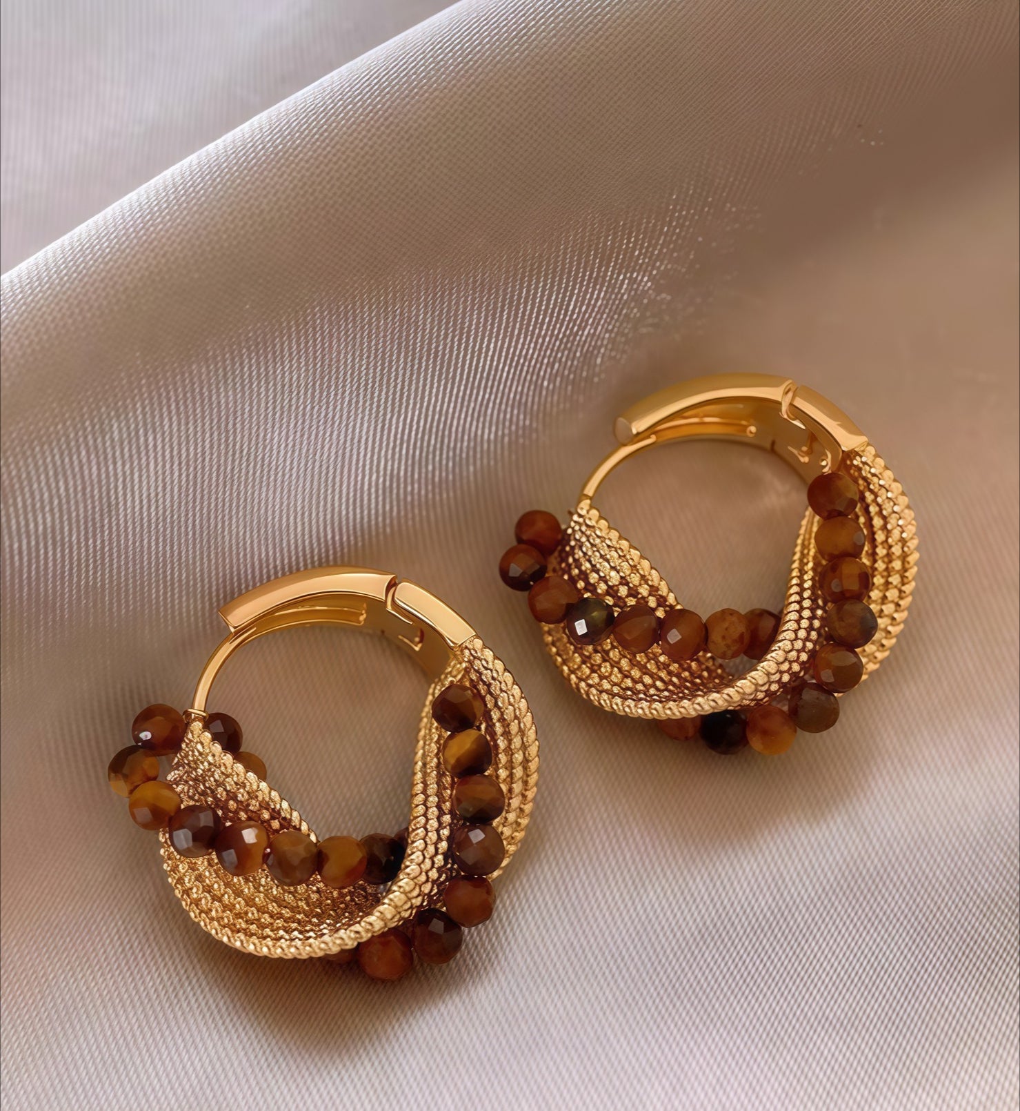 Maillard Style Tiger’s Eye Hoop Earrings Minimalist