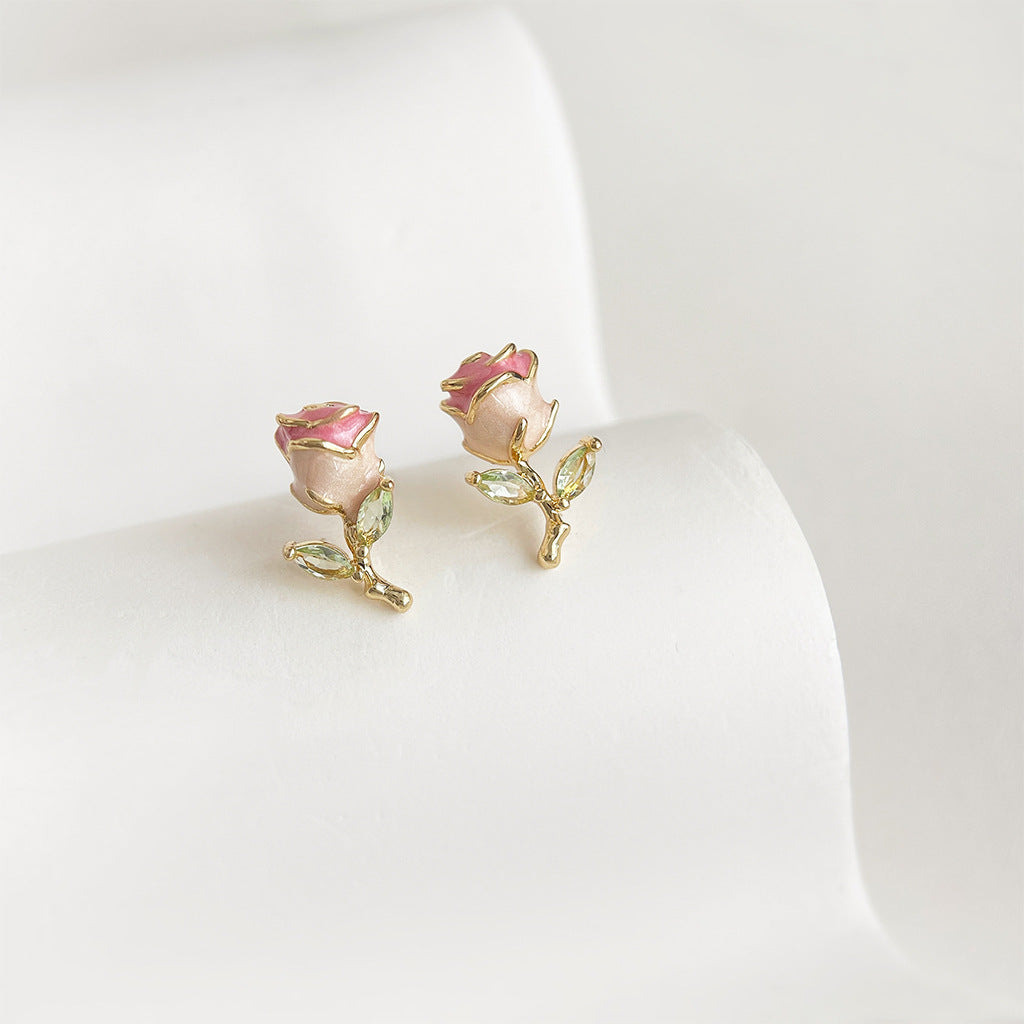 Delicate Rose Stud Earrings with Zircon & Enamel