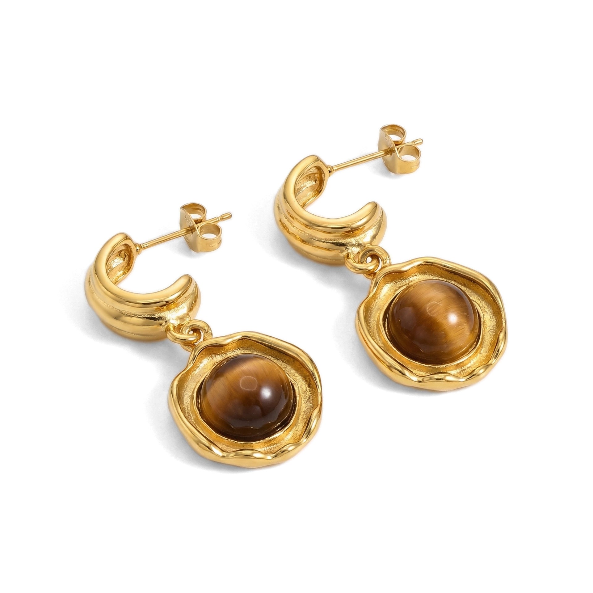 Retro Tiger's Eye 18K Gold Stud Earrings