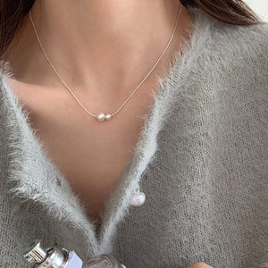 Crushed Silver Cube & Pearl Clavicle Chain