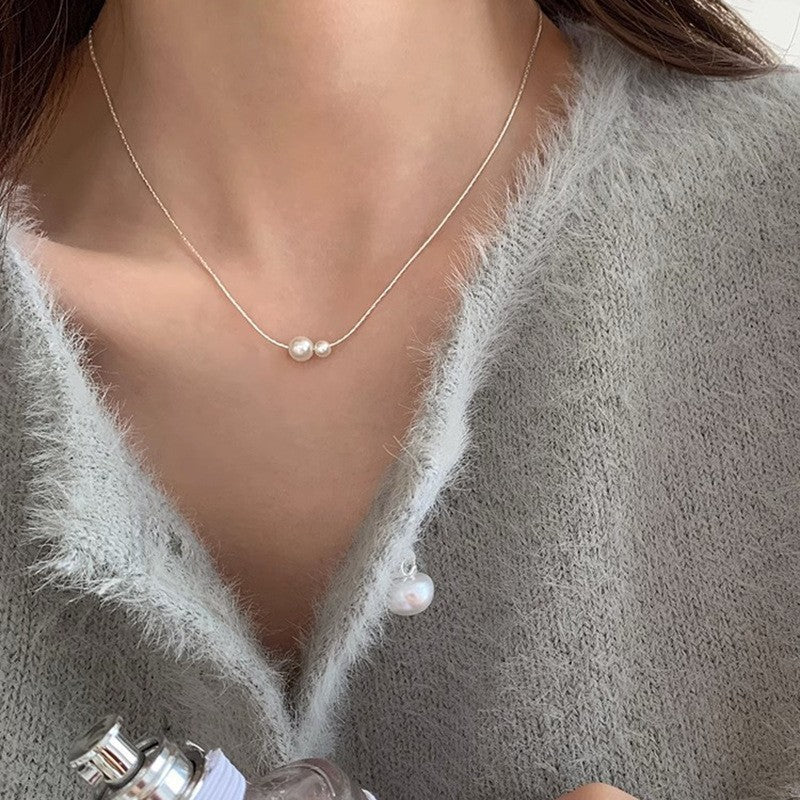 Crushed Silver Cube & Pearl Clavicle Chain
