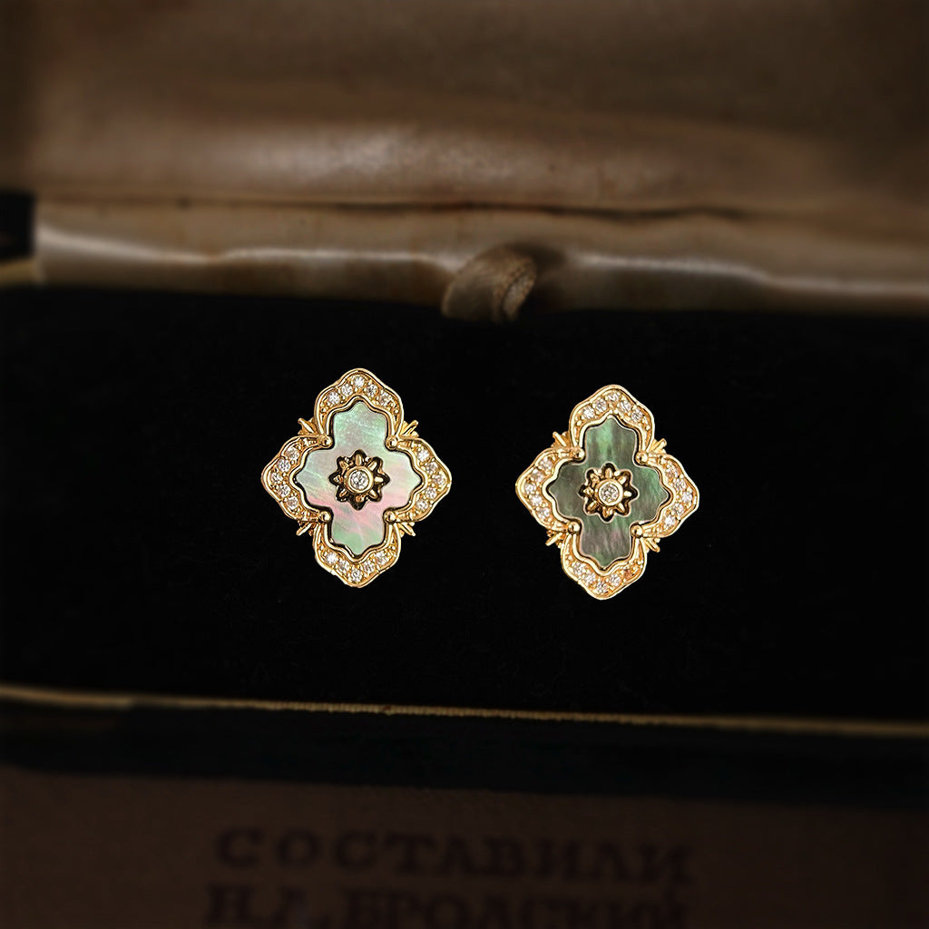 French Retro Blue Shell Earrings with Micro Zircon