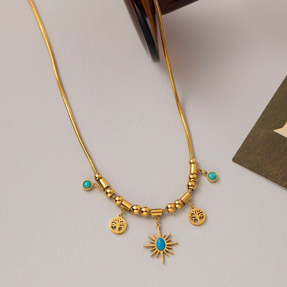 Titanium Steel Tree of Life Turquoise Necklace