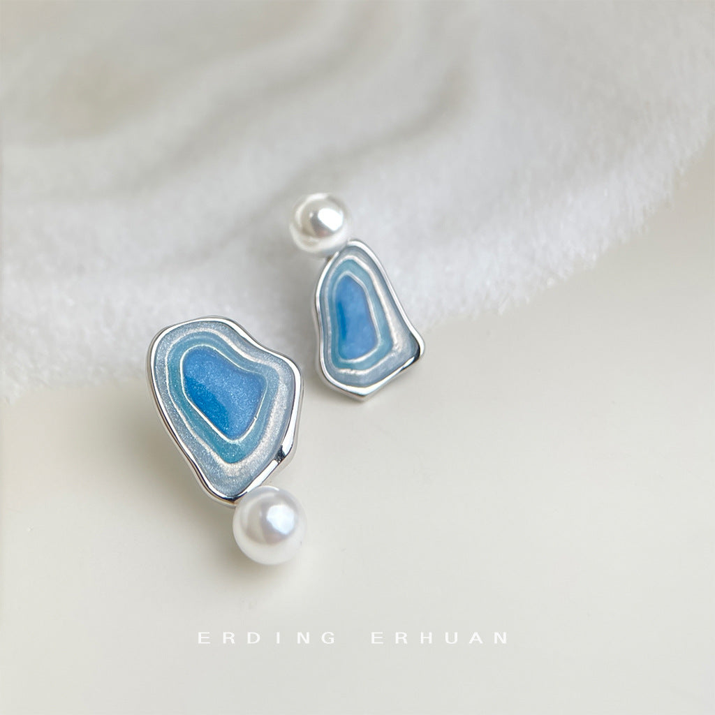 Asymmetric Enamel Gradient Earrings Pearl Accents