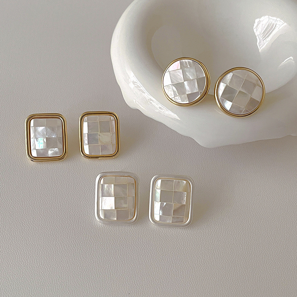 18K Gold Geometric Mosaic Earrings Natural Shell