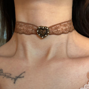 Vintage Brown Lace Choker with Pearl Heart