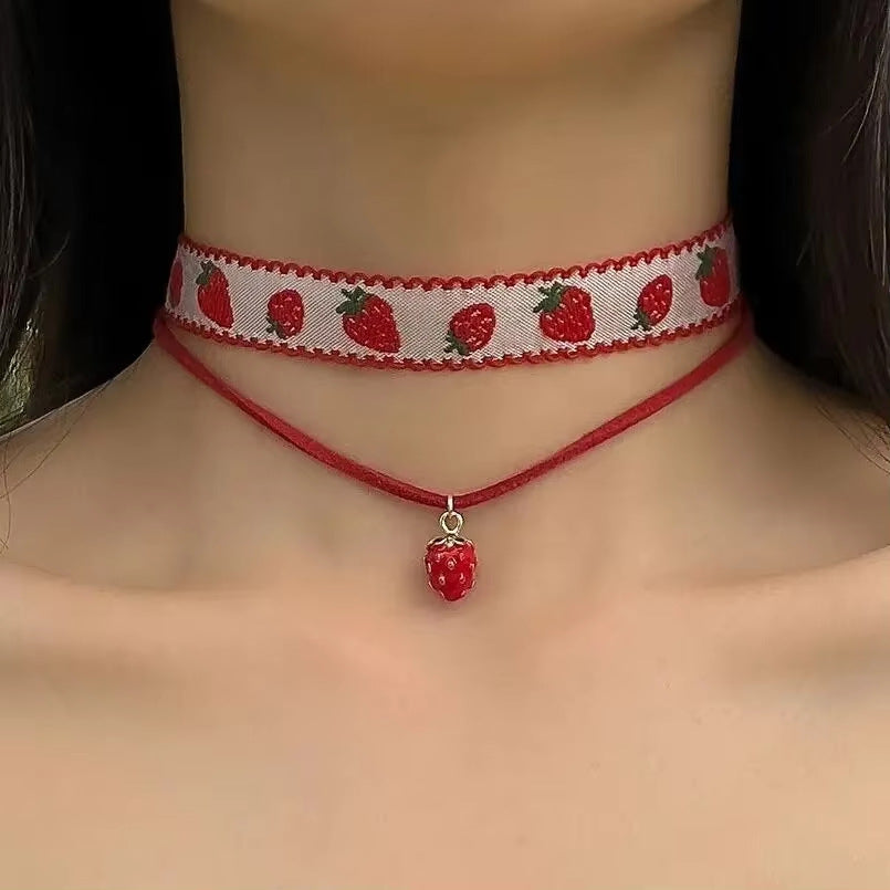 Handmade Strawberry Embroidery Necklace
