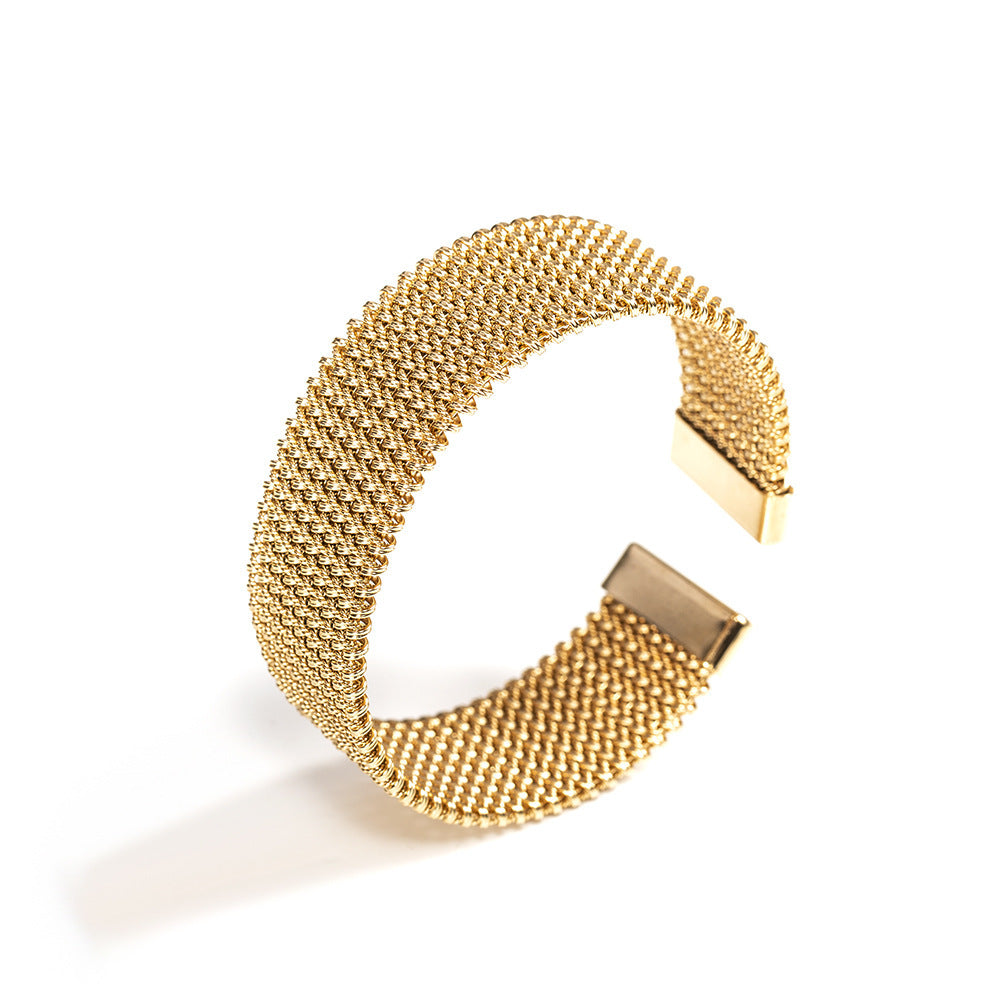 Gold Titanium Steel Bangle with Engraved Lines