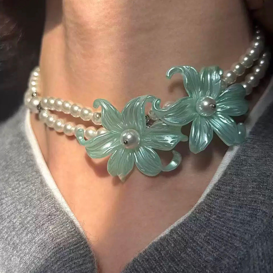 Iris Flower Pearl Choker Necklace