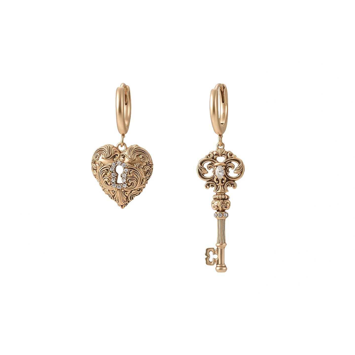 Asymmetrical Vintage Key & Heart Earrings