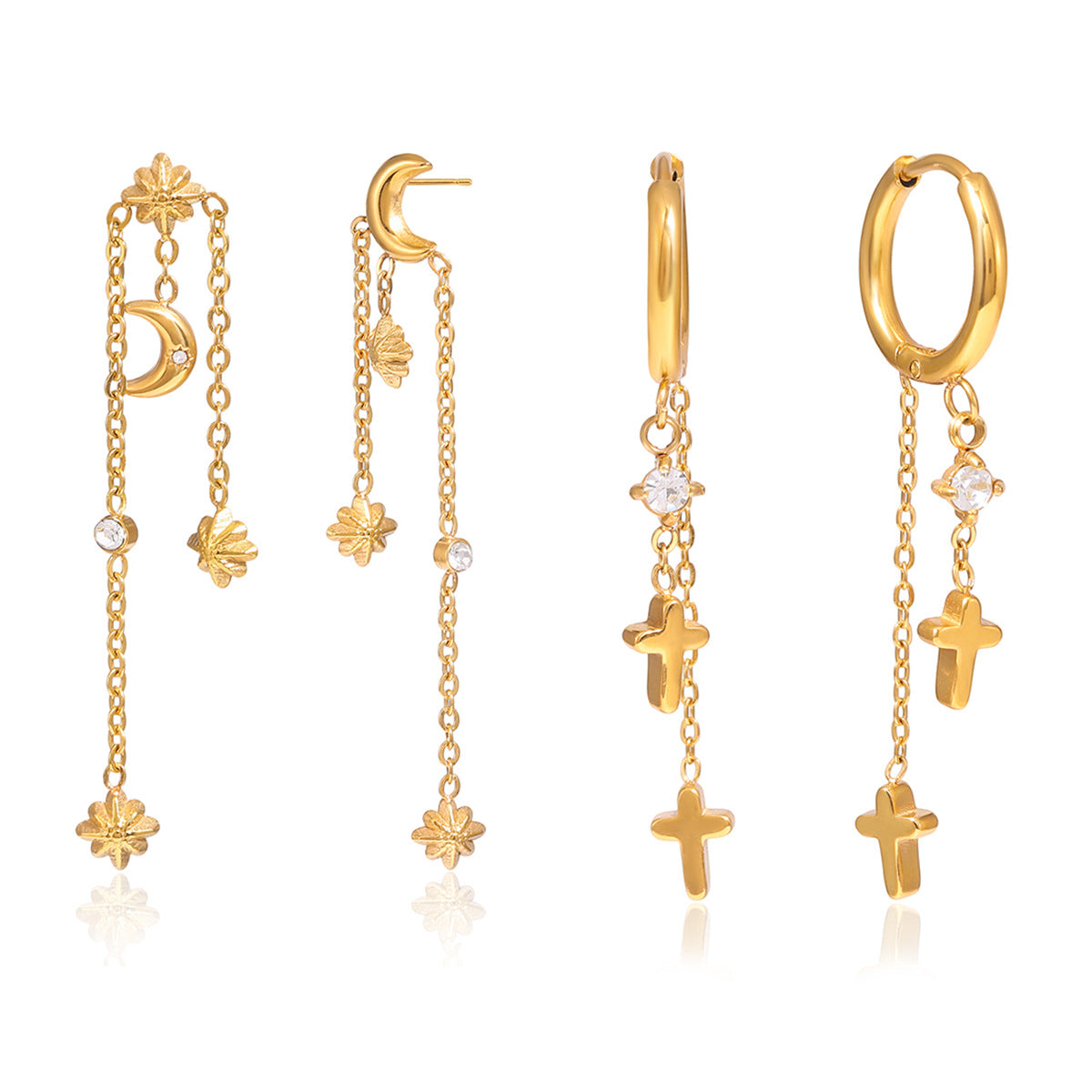 Cross Star Moon Tassel Earrings 18K Gold