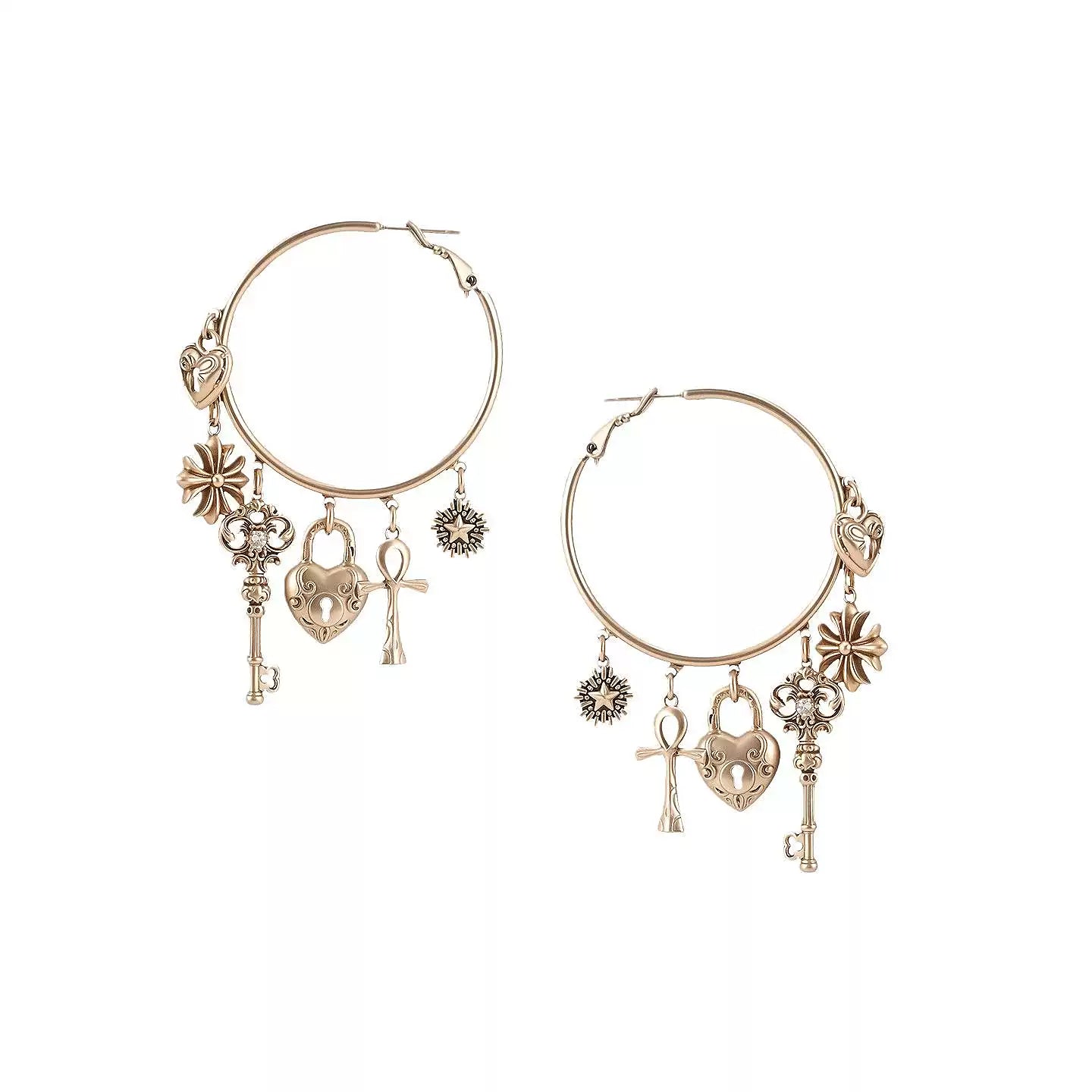 Vintage Key & Heart Statement Hoops