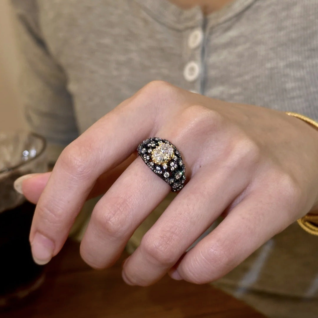 Vintage Black Gold Oval Ring with Zircon PDRG301 - view 2