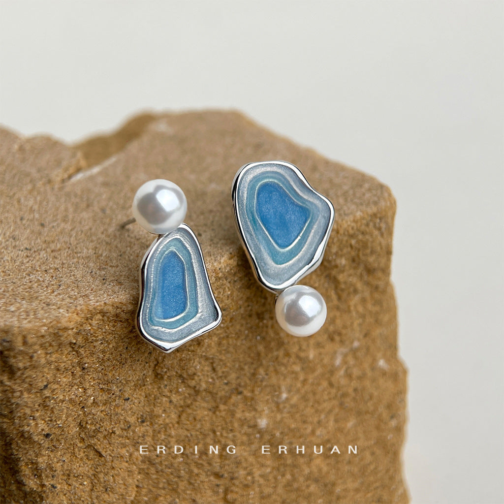 Asymmetric Enamel Gradient Earrings Pearl Accents