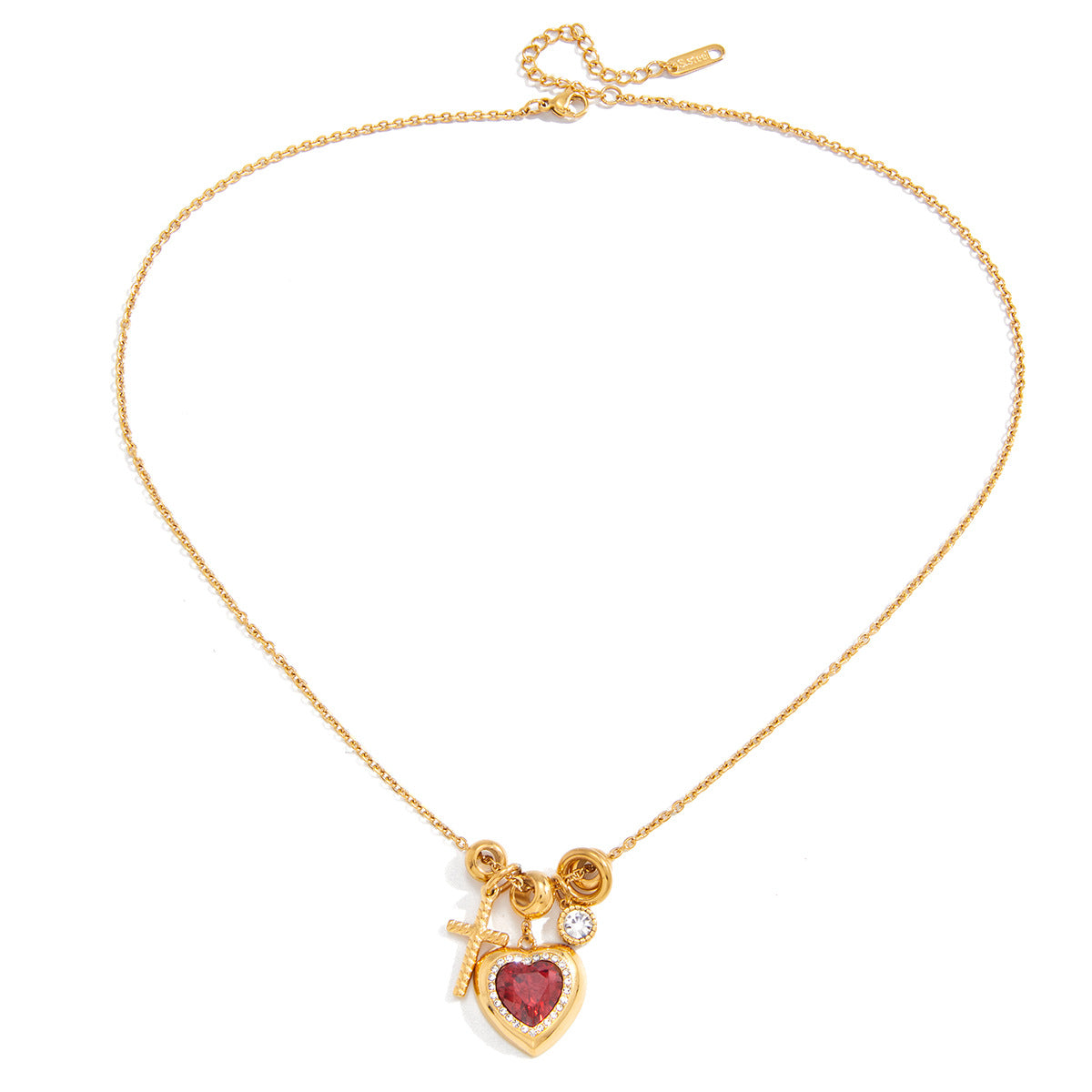 Stainless Steel Necklace with Cross and Red Heart
