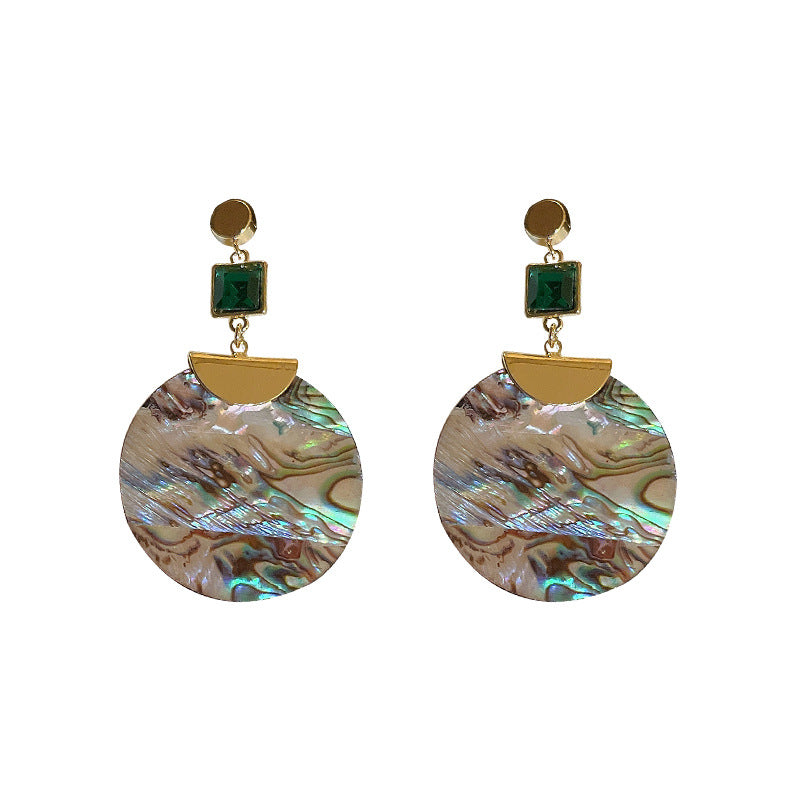 Exaggerated Round Shell Earrings with Rhinestones