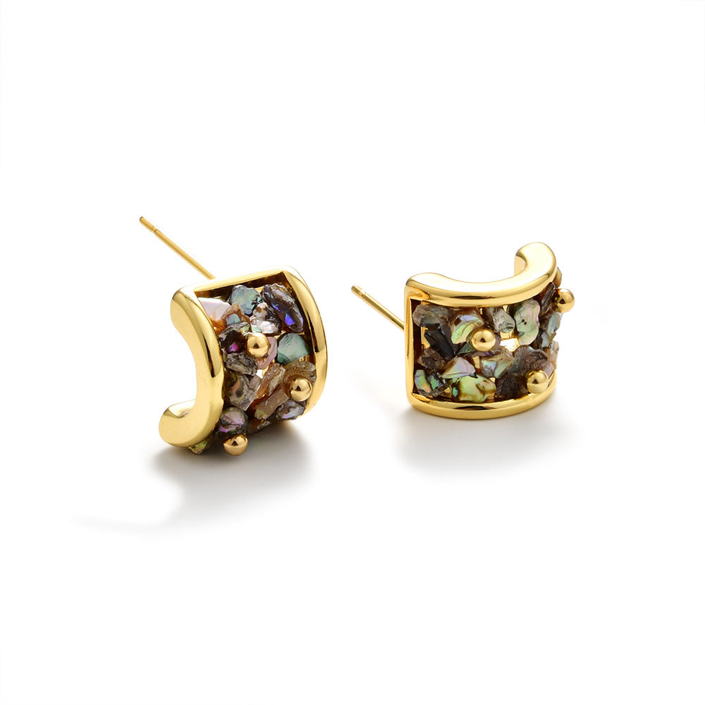 Vintage U-Shape Abalone Earrings Gold Plated