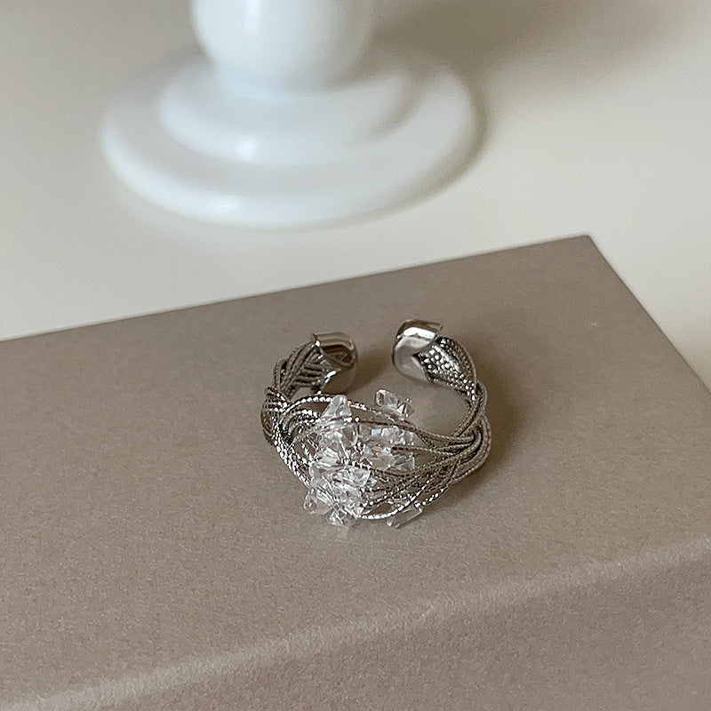Minimalist Wire-Wrapped Crystal Open Ring