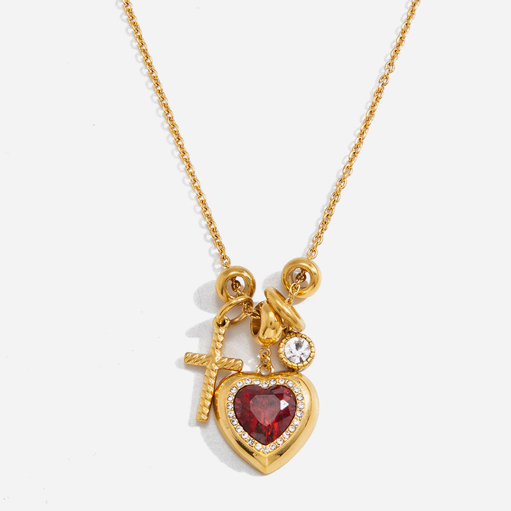 Stainless Steel Necklace with Cross and Red Heart