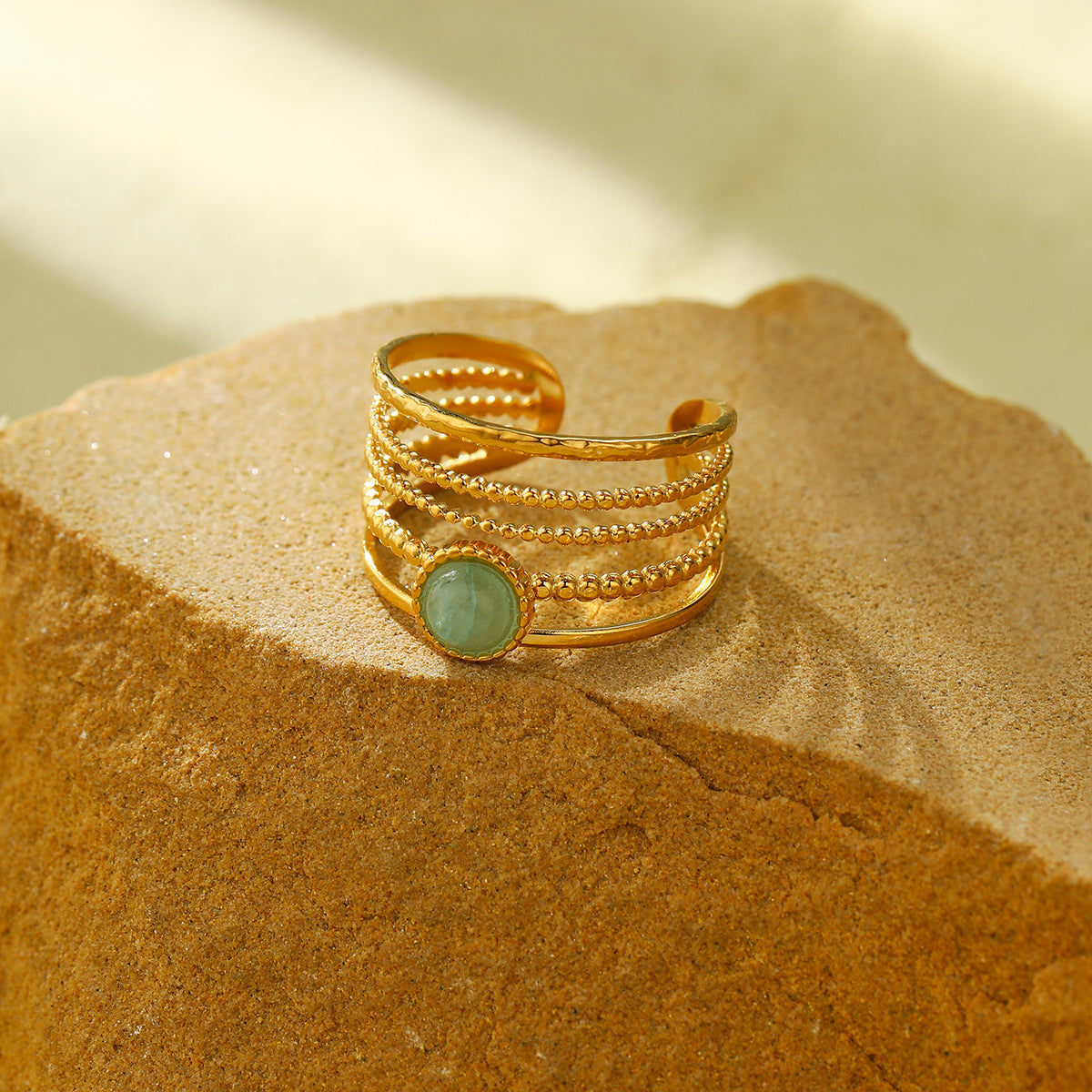 18K Gold Plated Green Stone Open Ring