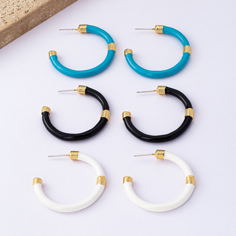 Retro C-Shape Enamel Earrings with 925 Silver Posts PDER320
