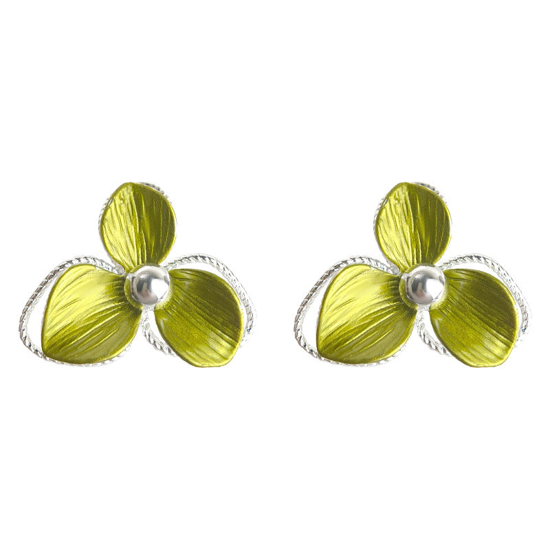 Elegant Green Clover Flower Earrings Silver Posts