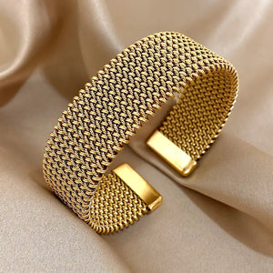 Gold Titanium Steel Bangle with Engraved Lines