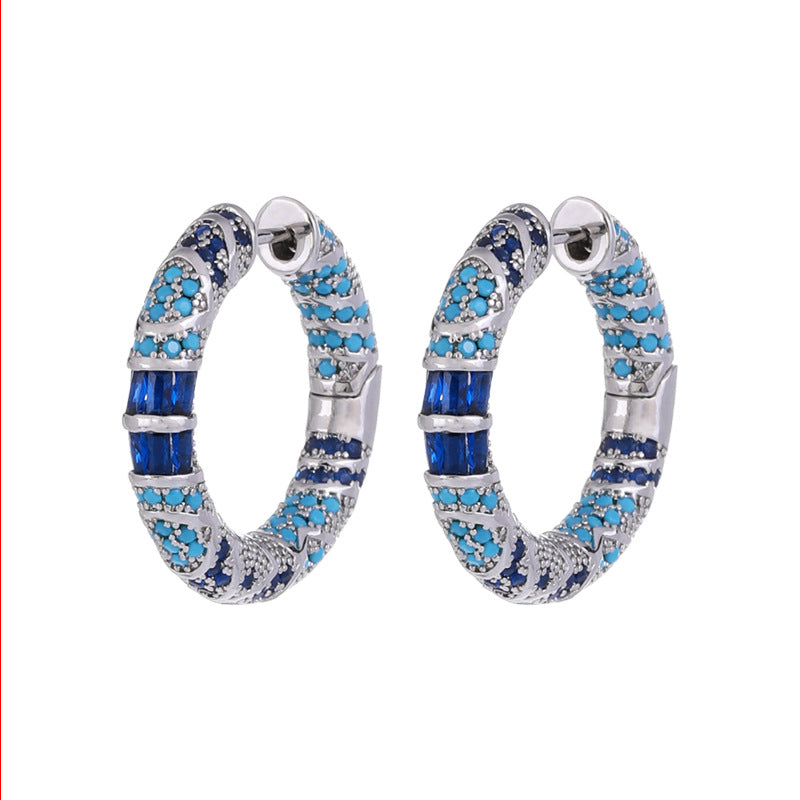 Retro Blue Large Hoop Earrings with Zircon