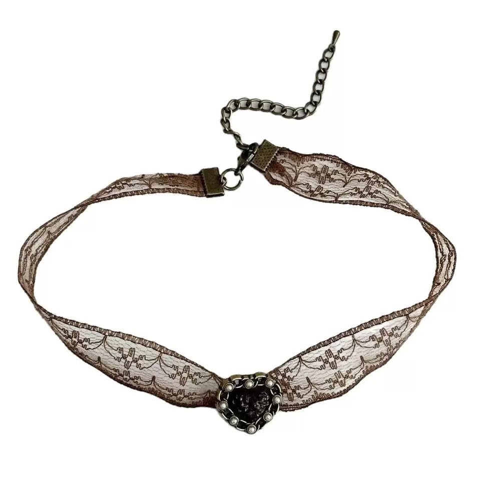 Vintage Brown Lace Choker with Pearl Heart