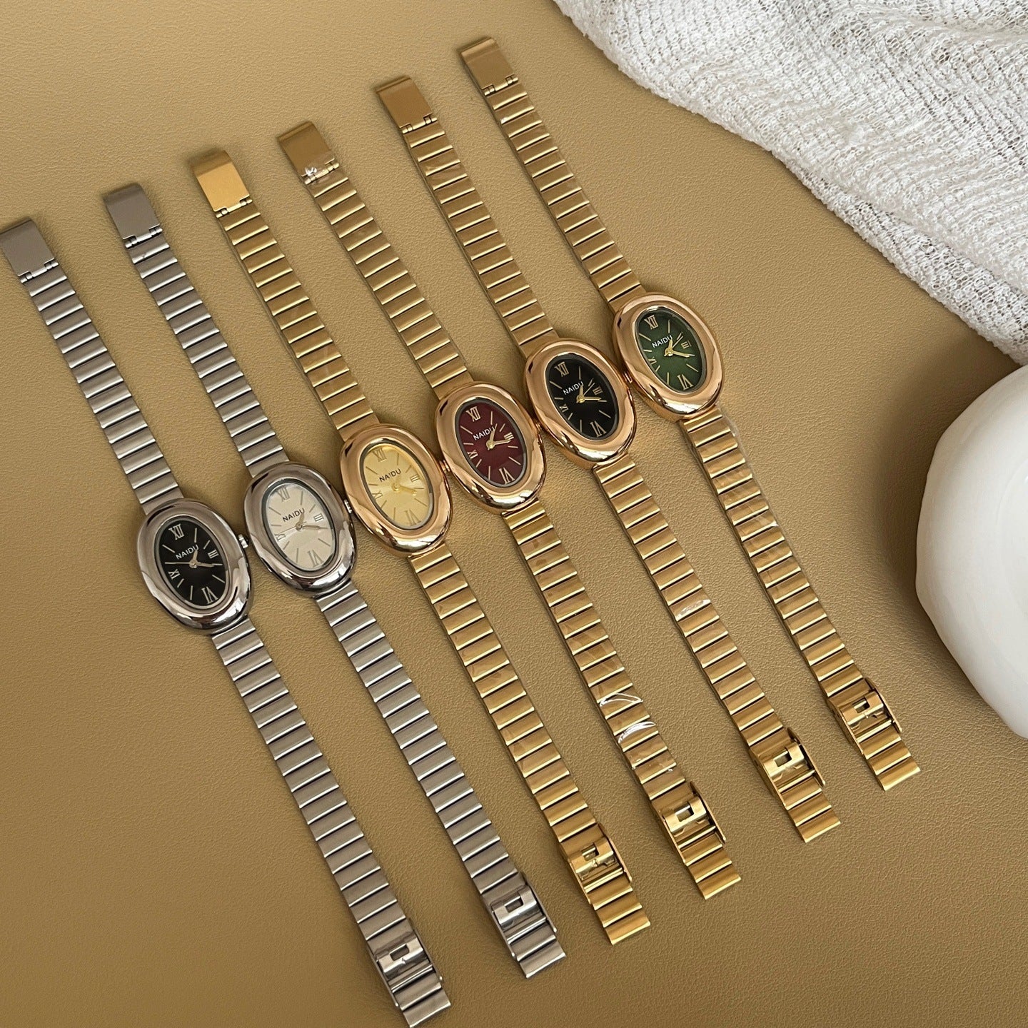 Oval Gold Tone Watch Faux Leather Strap Quartz PDW017