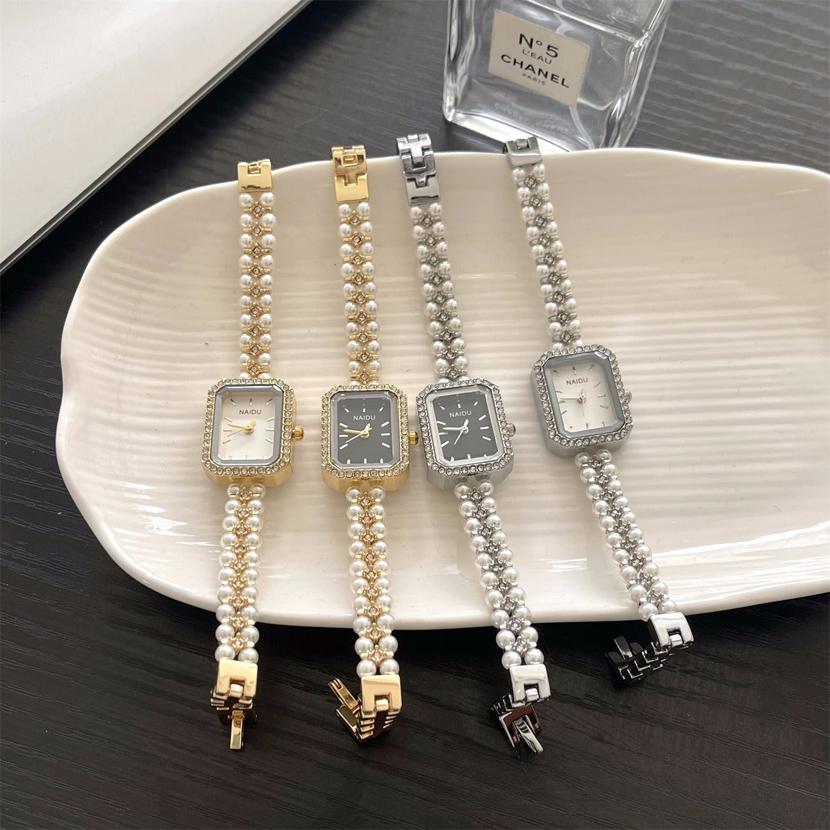 Square Double Row Pearl Bracelet Watch PDW036 - view 4
