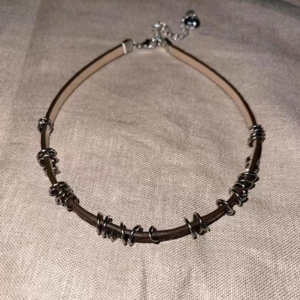 Punk Cracked Leather Collar Necklace