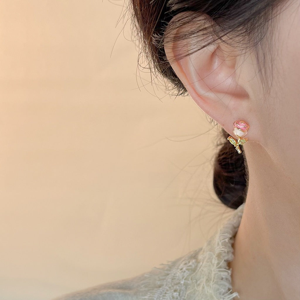 Delicate Rose Stud Earrings with Zircon & Enamel