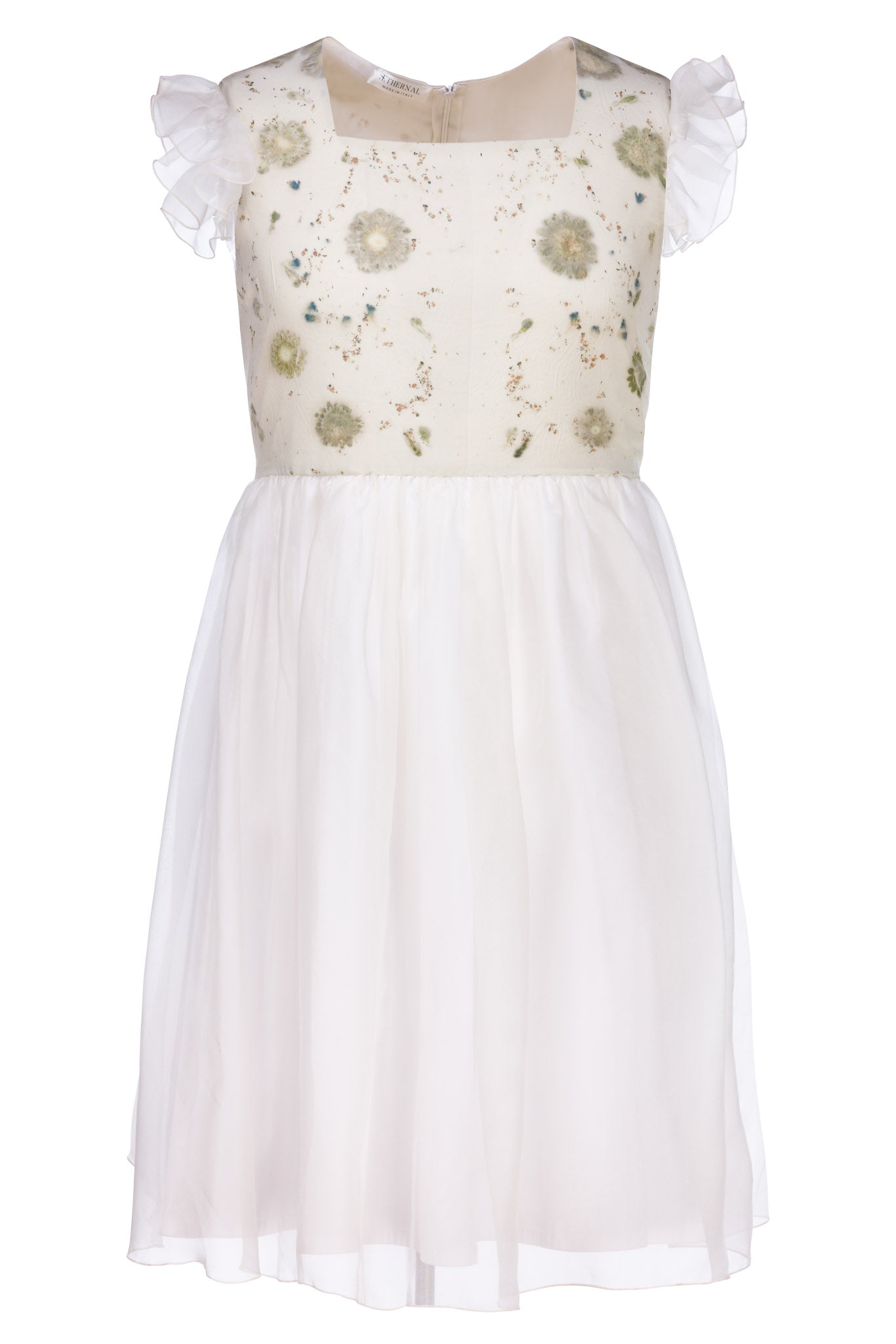 Dafne organza and cotton dress with ecoprint and rouches