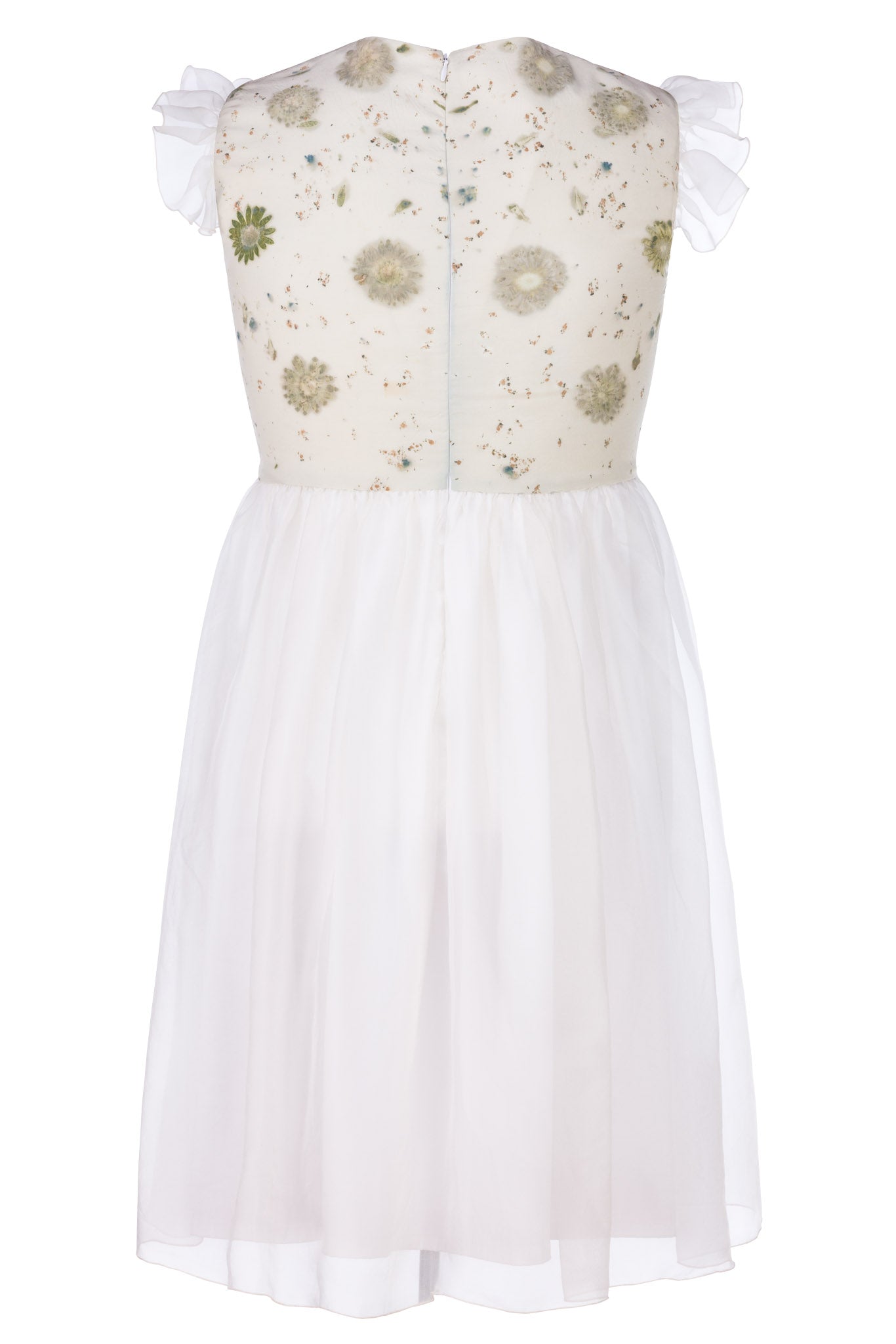 Dafne organza and cotton dress with ecoprint and rouches