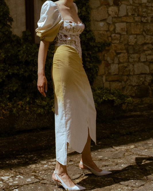 Eloisa dress with degradé natural color and ecoprint bodice