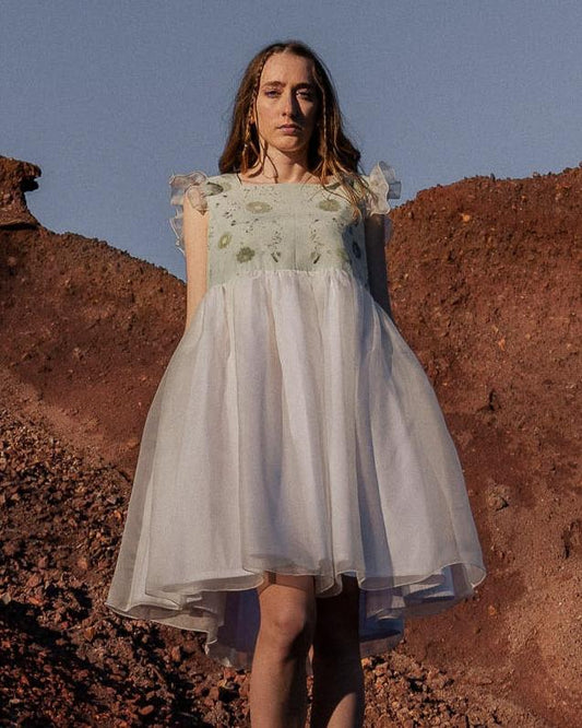 Dafne organza and cotton dress with ecoprint and rouches