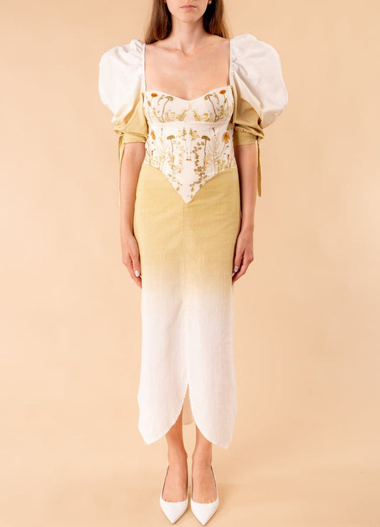 Eloisa dress with degradé natural color and ecoprint bodice