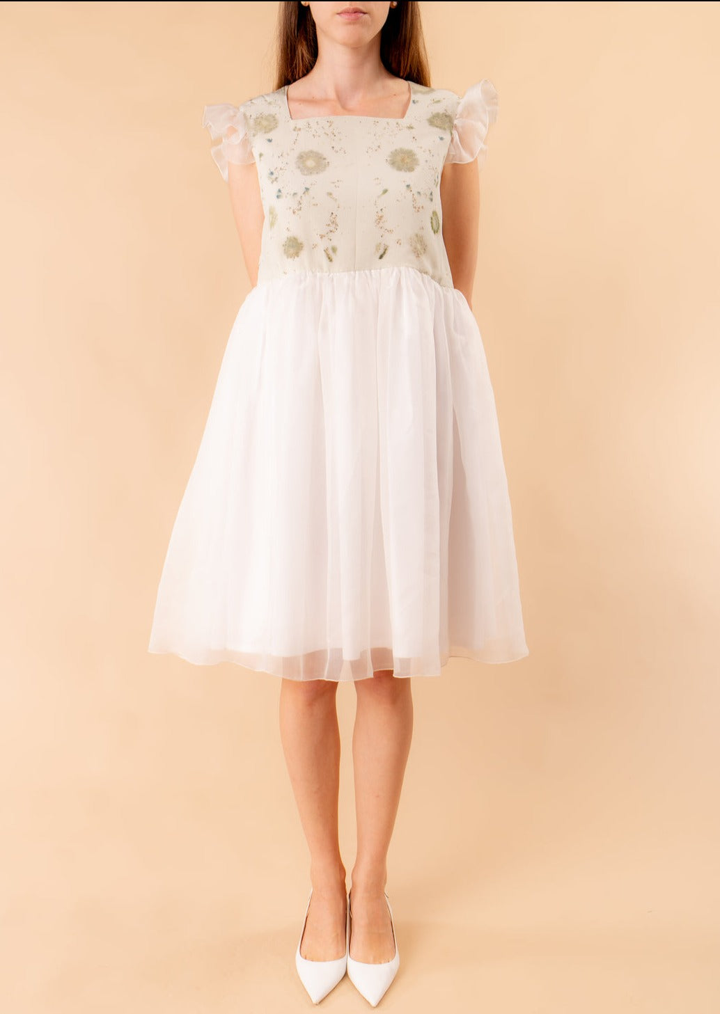 Dafne organza and cotton dress with ecoprint and rouches