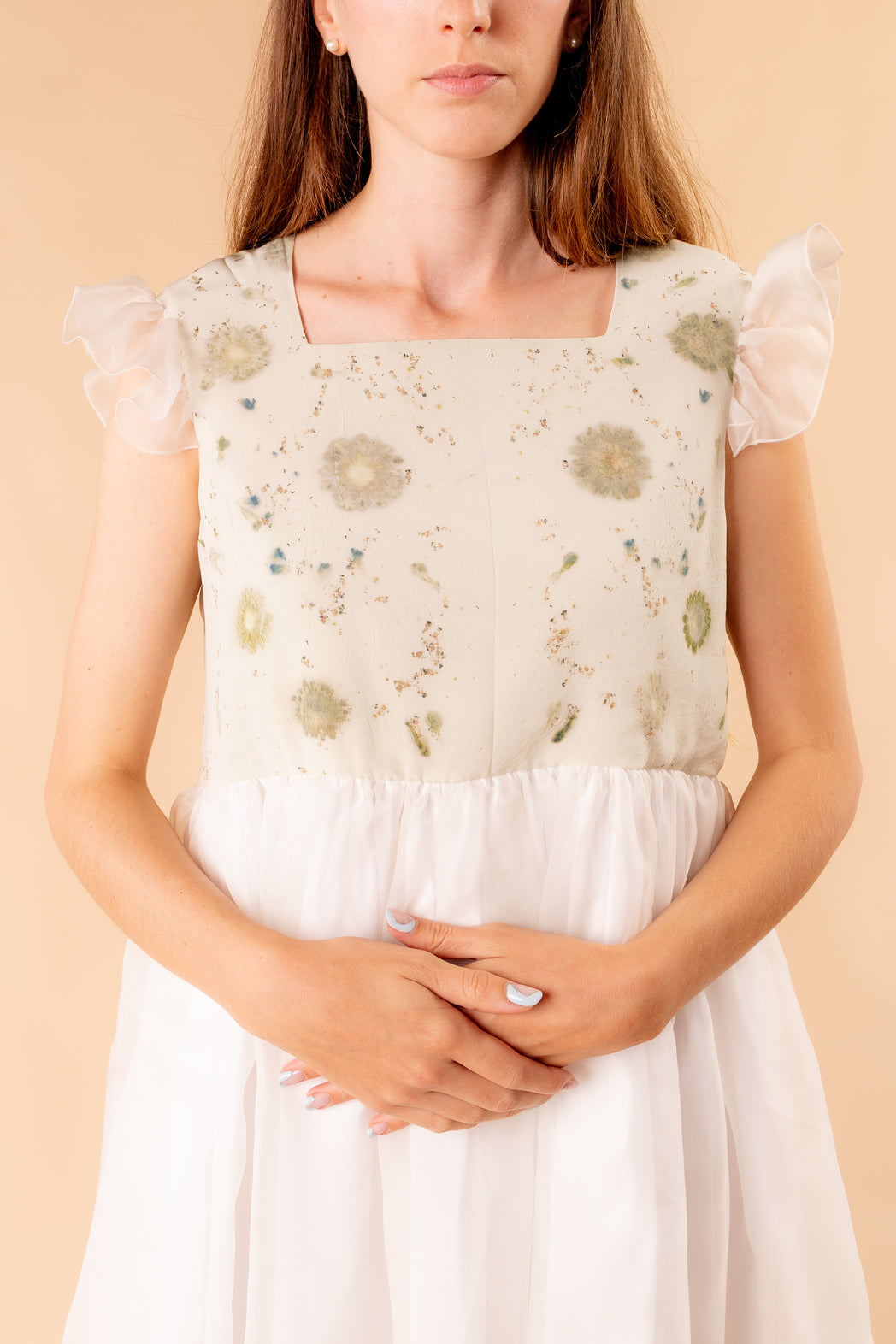 Dafne organza and cotton dress with ecoprint and rouches
