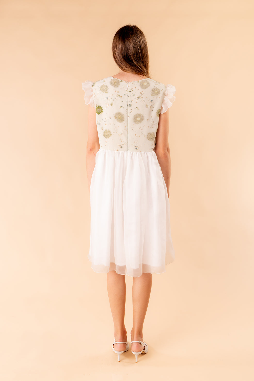 Dafne organza and cotton dress with ecoprint and rouches